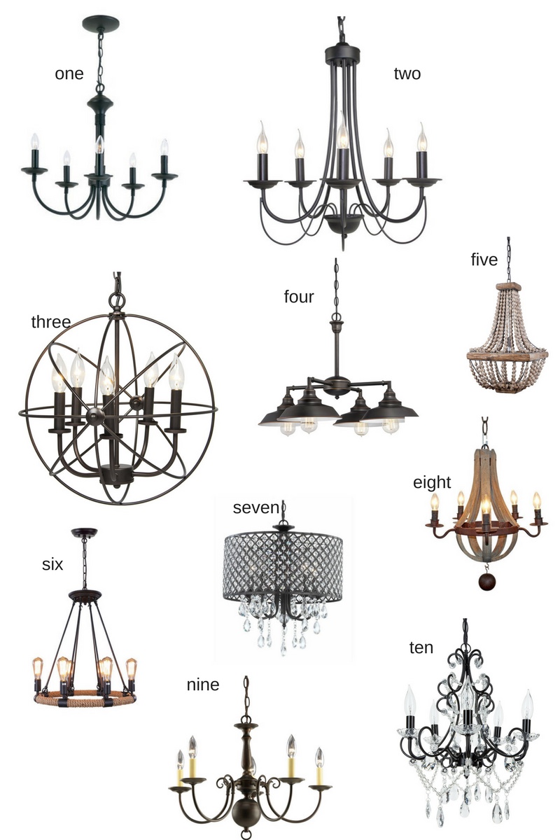 Several farmhouse-style chandeliers on a white background.