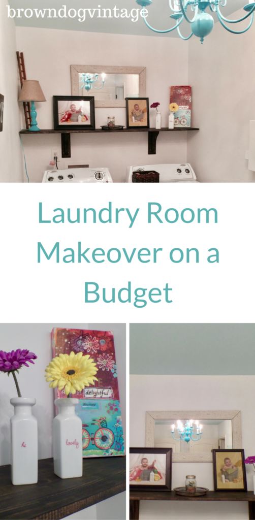 Pinterest graphic with text that reads \"Laundry Room Makeover on a Budget\" and an image collage showing the makeover in the background.