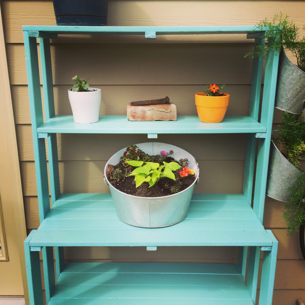 A teal-painted planter shelf with various potted flower arrangements outside.