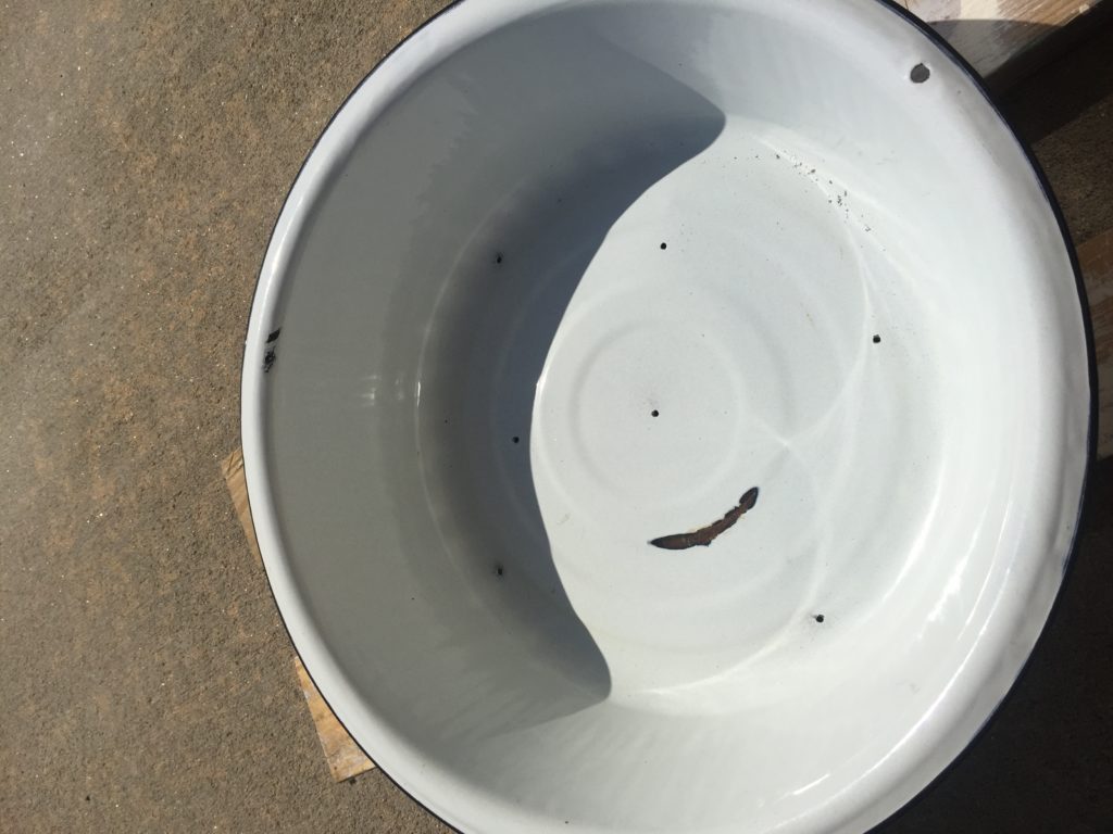 A large white vintage enamelware bowl sits outside.