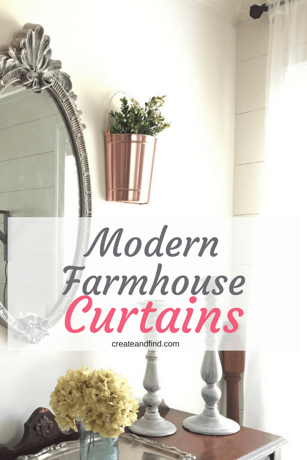 Pinterest graphic with text that reads \"Modern Farmhouse Curtains\" with farmhouse decor and a sheer white curtain in the background.