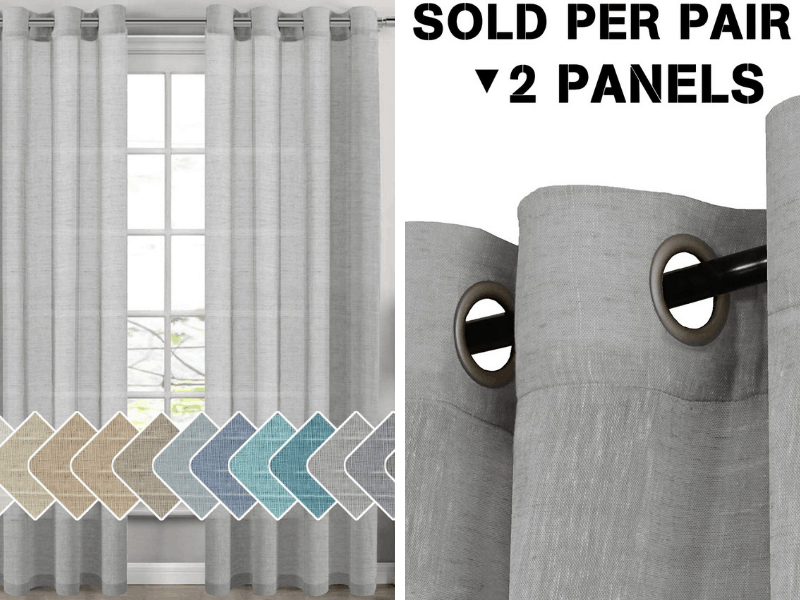 Product image for sheer curtains showing various color options and text that reads \"Sold Per Pair, 2 Panels\".