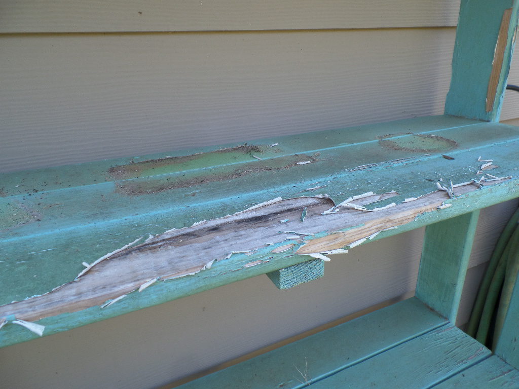 Flaking paint on the shelf of a plant stand.