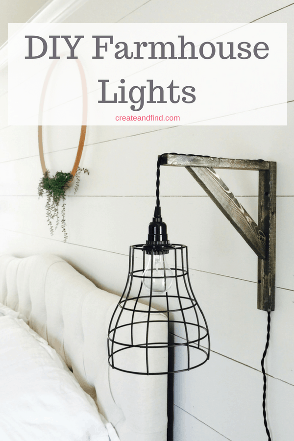 Pinterest graphic with text that reads \"DIY Farmhouse Lights\" and an industrial pendant light hanging from the wall next to a bed.