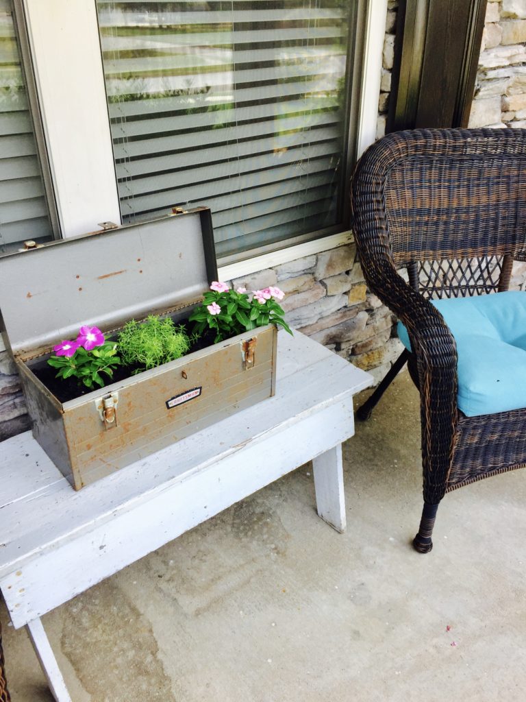 DIY farmhouse style planter using a rusty craftsman toolbox