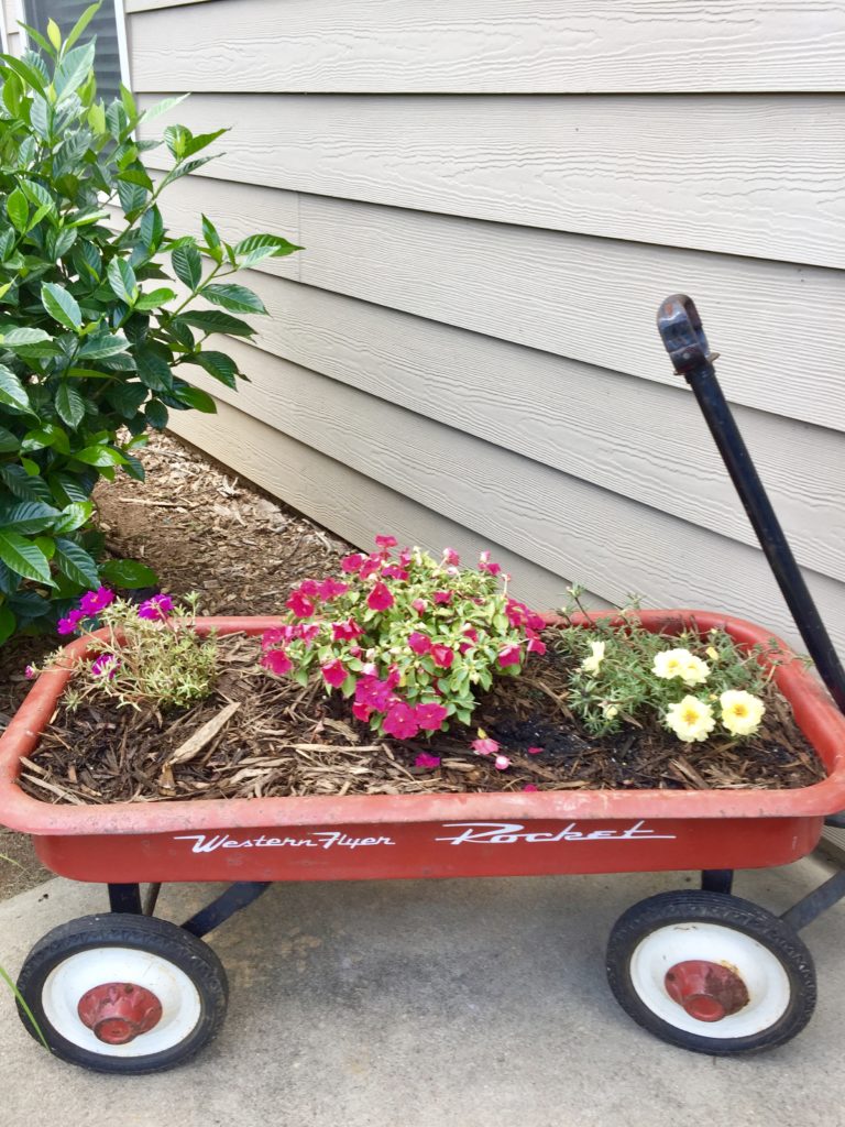 A red wagon with soil and flowers growing inside.