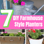 Pinterest graphic with text that reads "7 DIY Farmhouse Style Planters" and a collage of planters in the background.