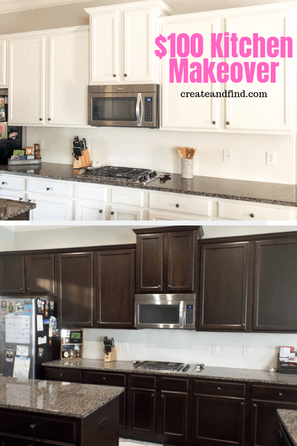 Pinterest graphic with text that reads \"$100 Kitchen Makeover\" with before and after pictures.