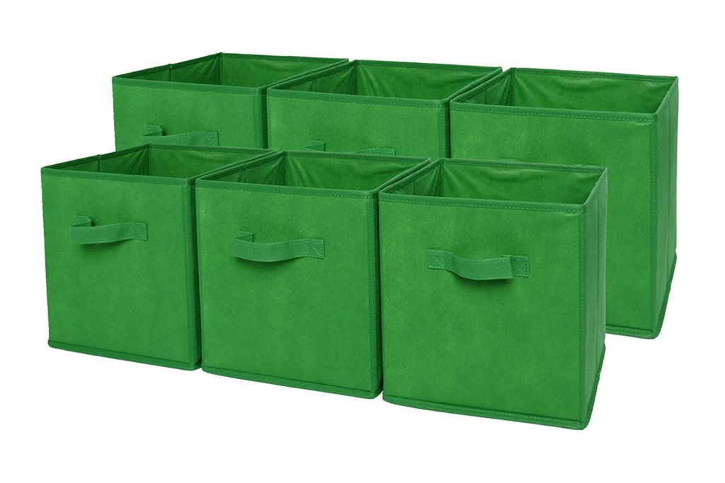 Green cube storage totes on a white background.