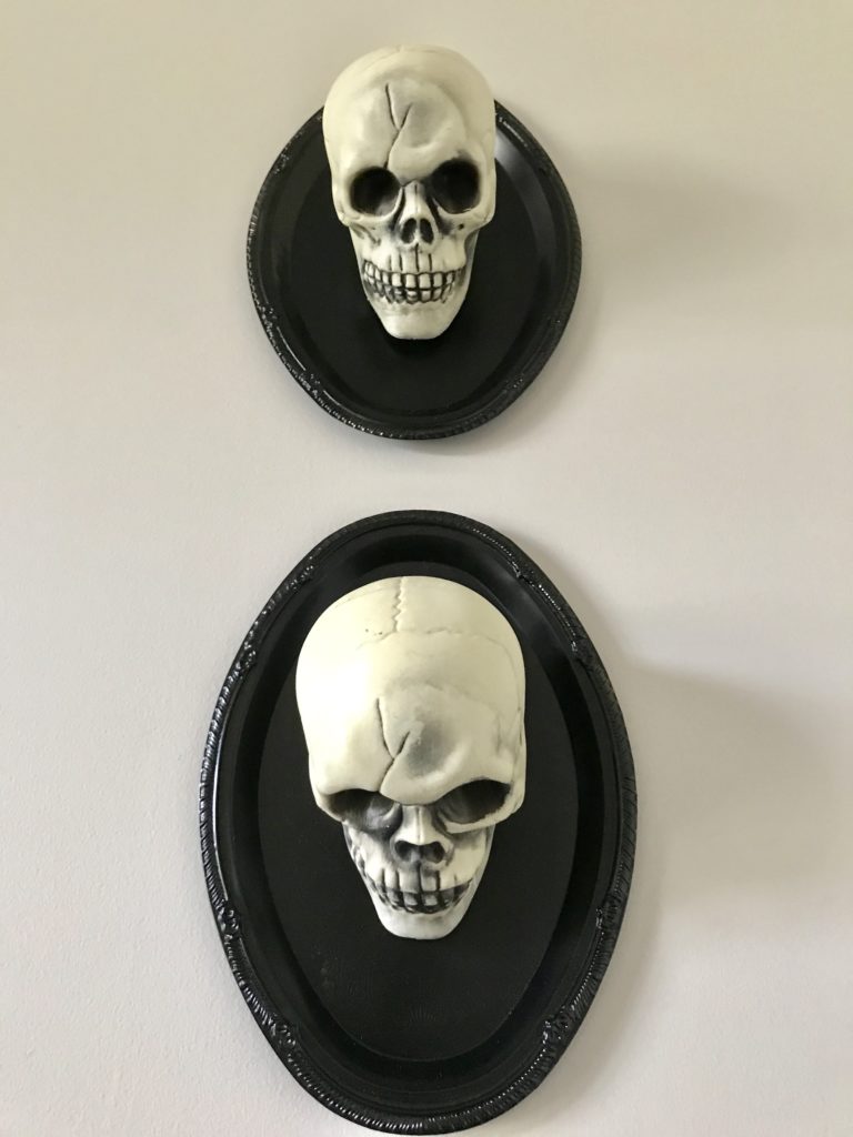 Two plastic skulls mounted onto black trays hang from a wall.