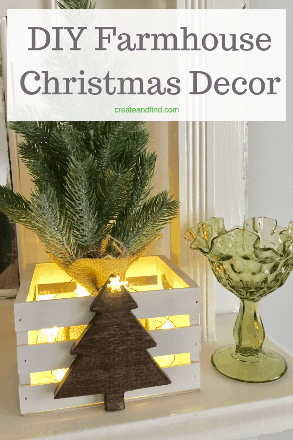 Pinterest graphic with text that reads \"DIY Farmhouse Christmas Decor\" and mini fir trees in wooden crates.