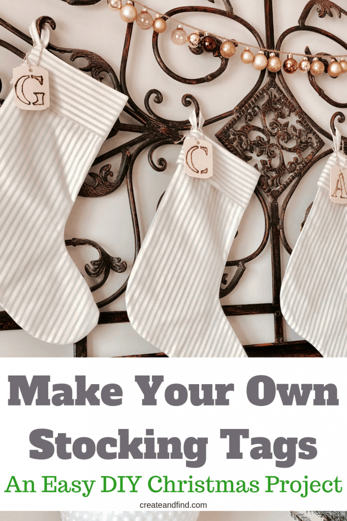 Pinterest graphic with text that reads "Make Your Own Stocking Tags: An Easy DIY Christmas Project" and Christmas stockings hanging in the background.