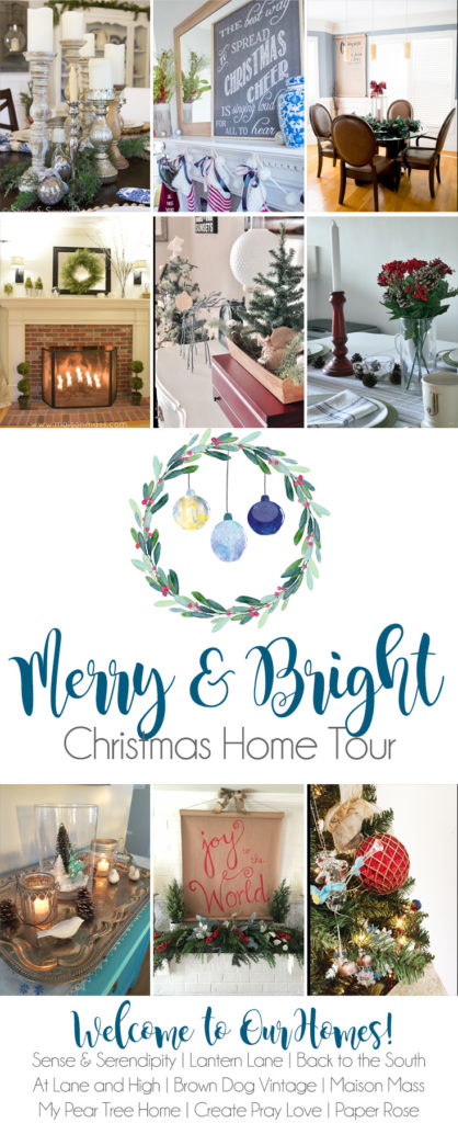 Pinterest graphic with text that reads \"Merry and Bright Christmas Home Tour\" and a collage of Christmas decor ideas for the home.