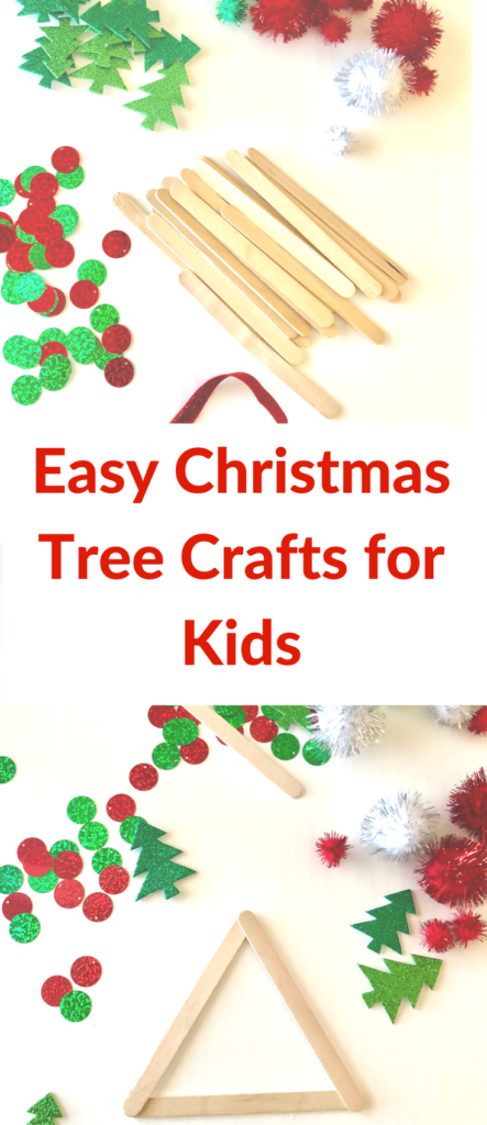 Pinterest graphic with text that reads \"Easy Christmas Tree Crafts for Kids\" and a collage of craft ideas in the background.