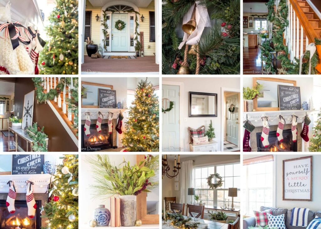 Collage of indoor Christmas decorations throughout a home.
