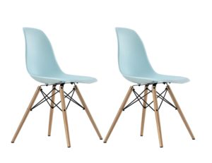 Set of two modern blue chairs with light wooden legs on a white background.