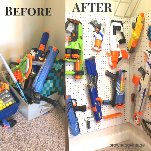 Before and after pictures of diy nerf gun wall