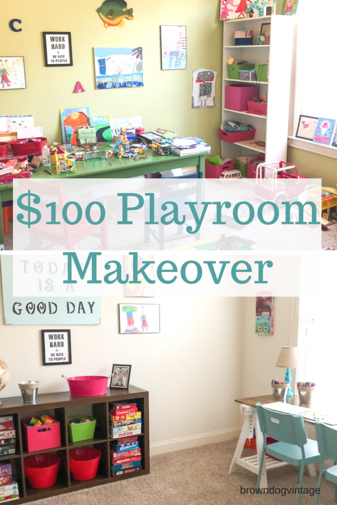 Pinterest graphic with text that reads \"$100 Playroom Makeover\" and an image collage showing the before and afters.