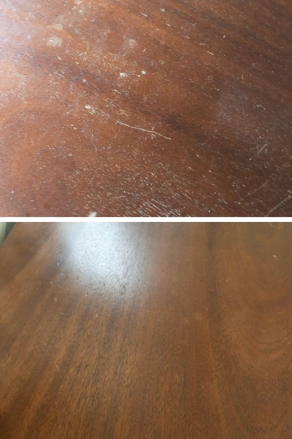 Before and after pictures showing removing scratches in furniture