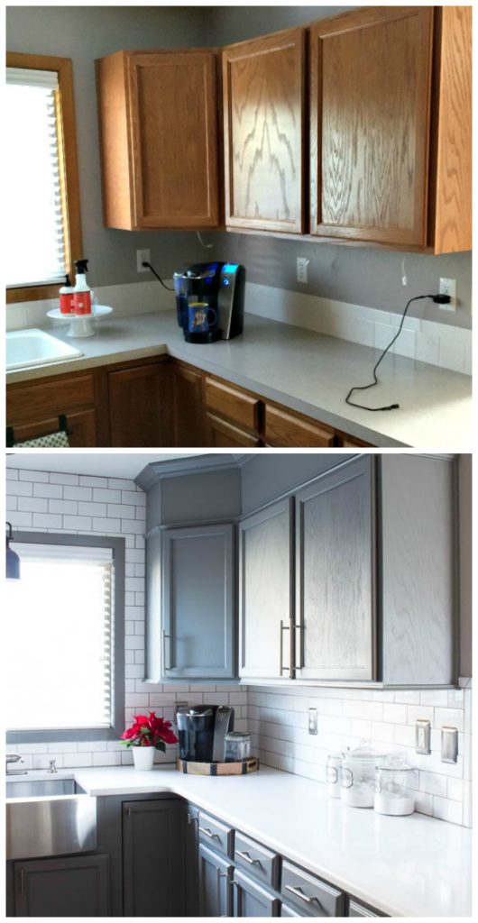 Before and after collage of a kitchen cabinet makeover using paint.