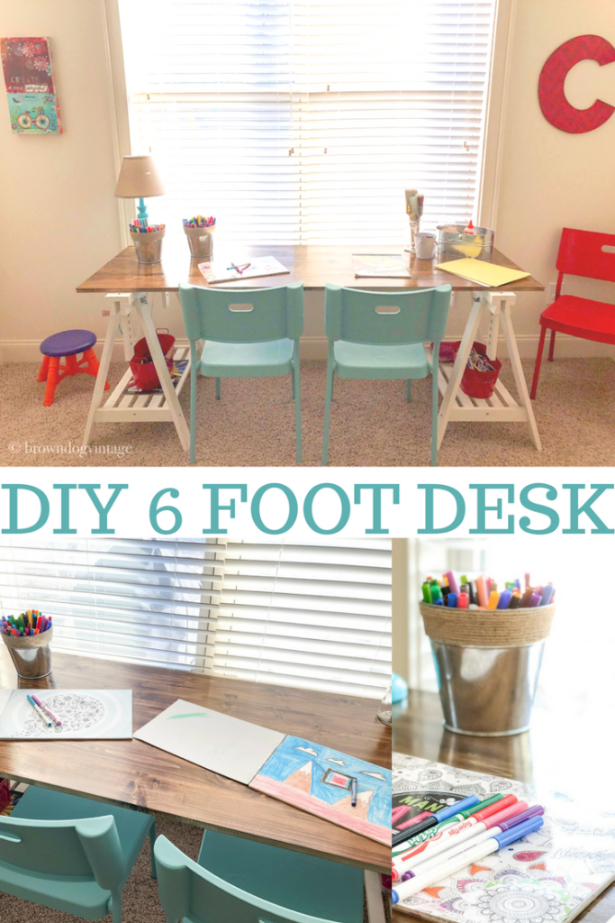 Image with text: DIY 6 foot desk using Ikea trestles and basic lumber