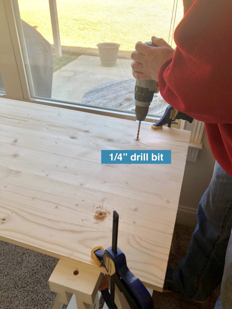 DIY Desk measurements showing the drill bit size