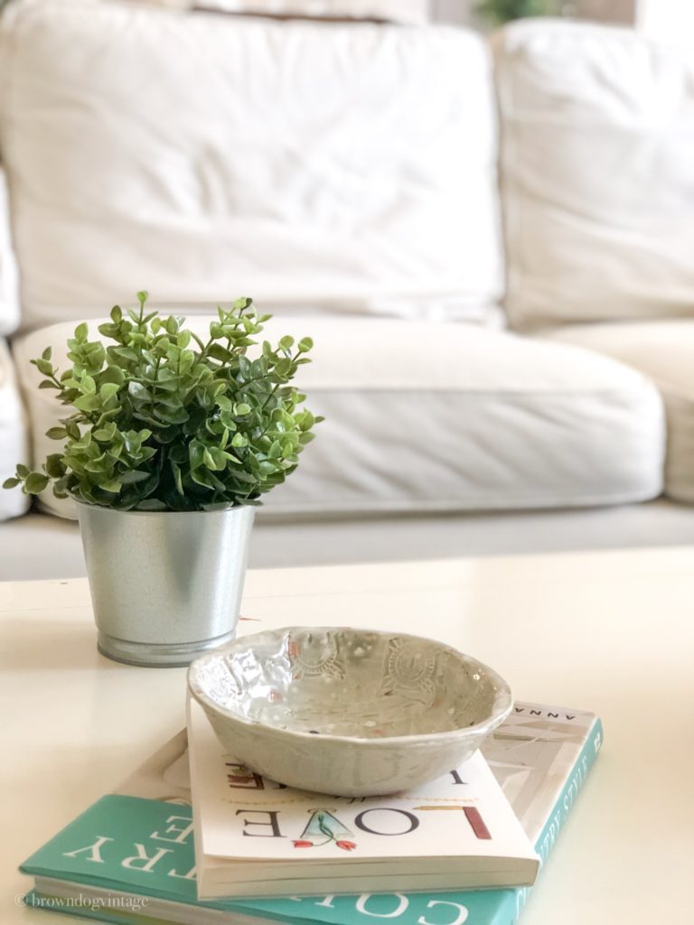 Greenery in a small metal container on a coffee table next to a clay bowl on a stack of books.