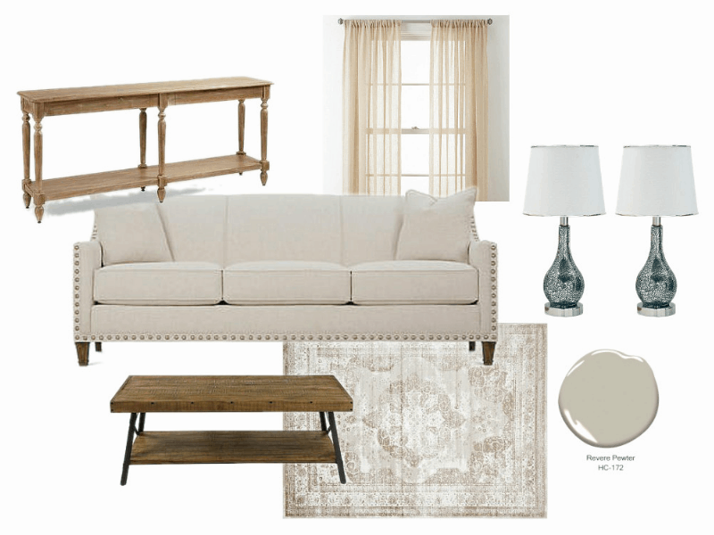 Collage of modern farmhouse living room furniture and decor