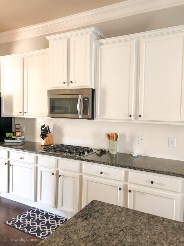 \"After\" picture of painted tile backsplash