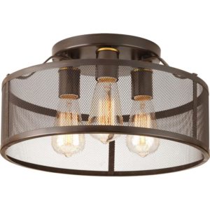 Flush mount antique bronze ceiling light with three bulbs on a white background.