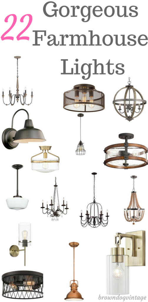 A collage of various farmhouse light fixtures including all sconces, chandeliers, and flush mount ceiling lights.