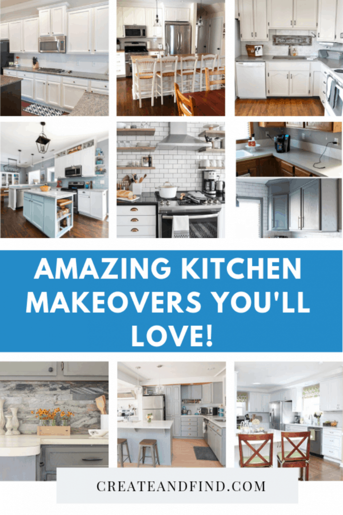 Pinterest graphic with text that reads \"Amazing Kitchen Makeovers You\'ll Love\" and a collage of kitchens.