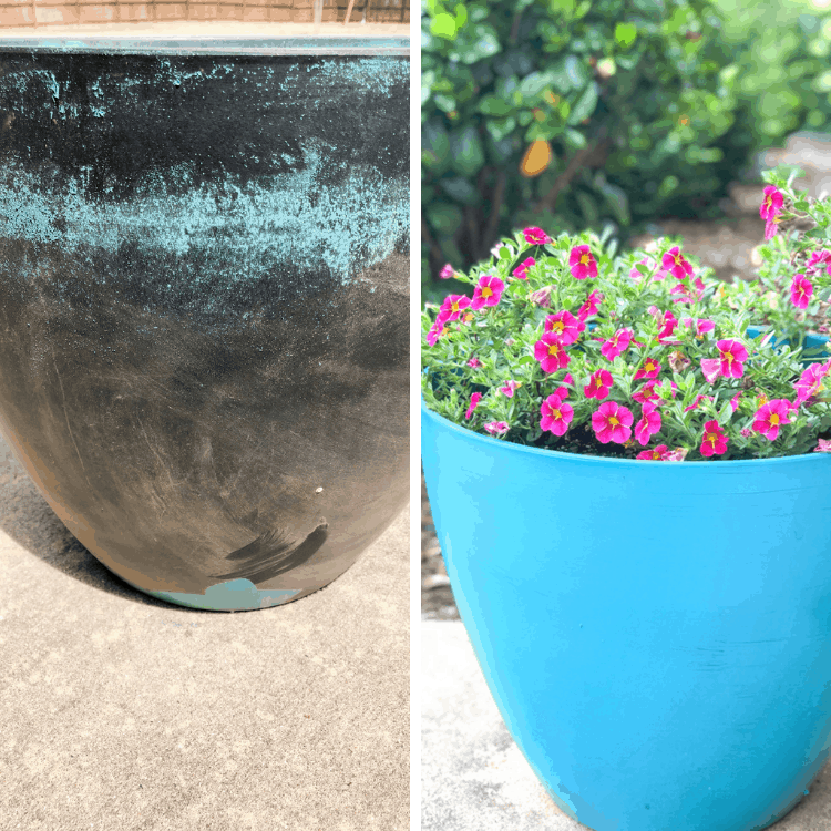 Image collage showing the before and after of a worn gray plant pot painted blue.