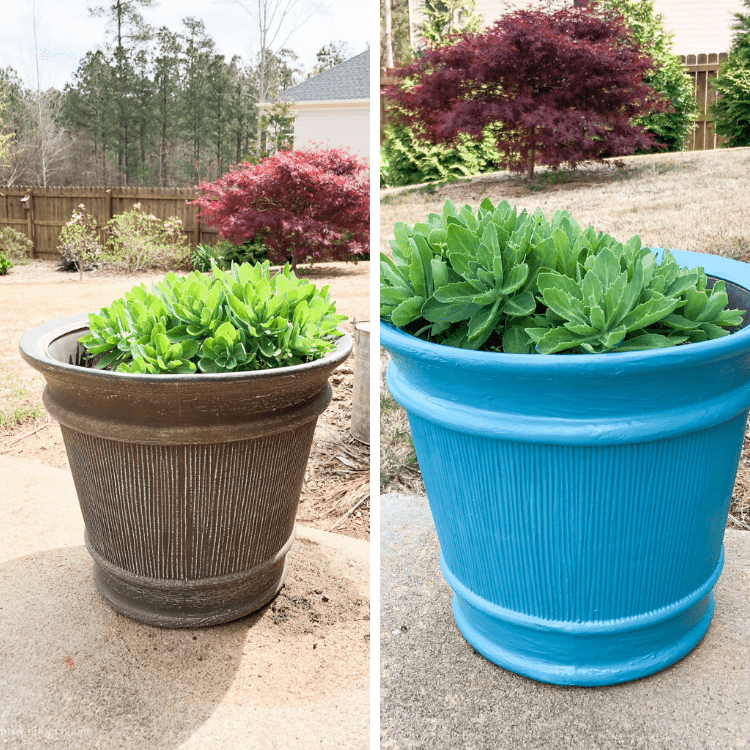 Image collage showing the before and after of a brown planter painted blue.