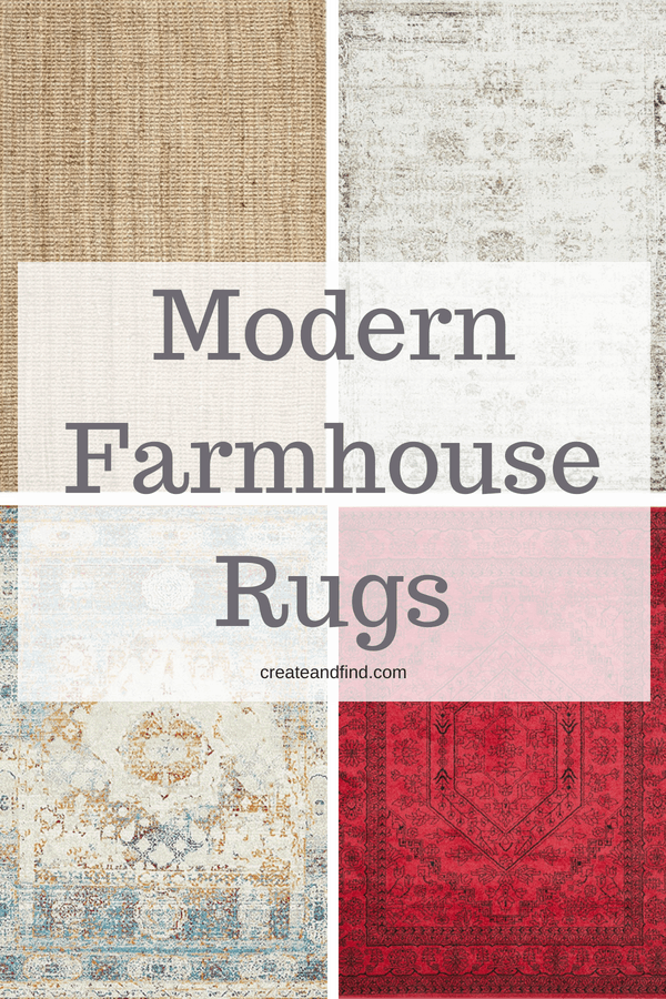 Pinterest graphic with text that reads \"Modern Farmhouse Rugs\" and a collage of rugs in the background.