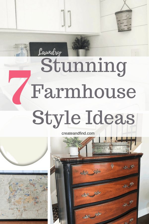 Pinterest graphic with text that reads \"7 Stunning Farmhouse Style Ideas\" and a collage of farmhouse rooms and decor.