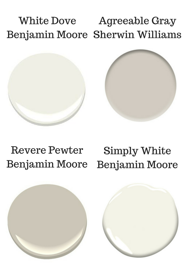 Benjamin Moore paint sample colors on a white background, including White Dove, Agreeable Gray, Revere Pewter, and Simply White. 