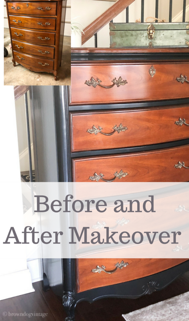 Pinterest graphic with text that reads \"Before and After Makeover\" and a collage showing an antique dresser with and without blank paint details.