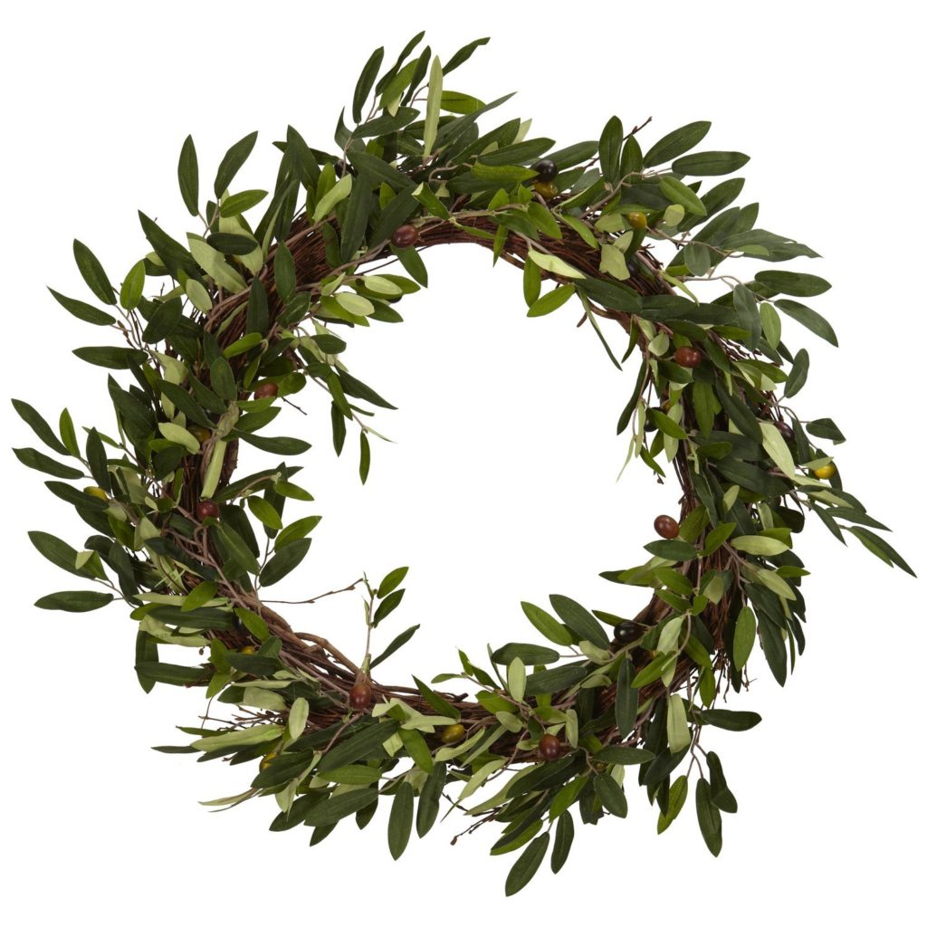 An olive wreath with dark green leaves on a white background.