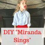 Pinterest graphic with text that reads "DIY 'Miranda Sings' Costume" and a girl in a white shirt with red pants.