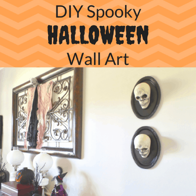 Pinterest graphic with text that reads \"DIY Spooky Halloween Art\" and an image of framed skulls hanging on a wall.