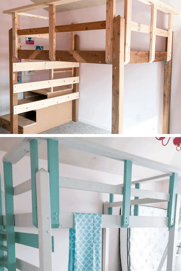 Collage showing the before and after of a wooden loft bed painted white and teal.