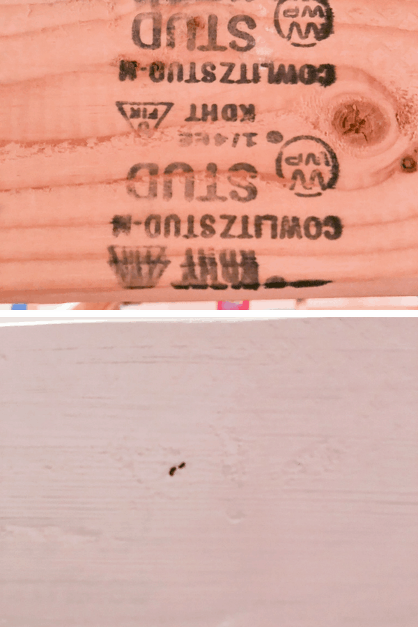 The before and after of raw wood with black text stamped onto it and how it looks after it\'s painted.