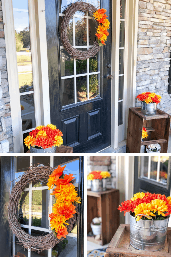 A collage showing a front porch decorated with red, yellow, and orange flowers in metal containers and on a stick wreath.