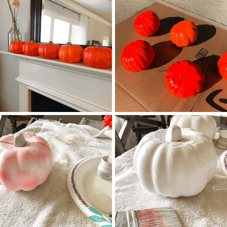 An image collage showing the before and after or orange craft pumpkins painted white with a rustic finish.