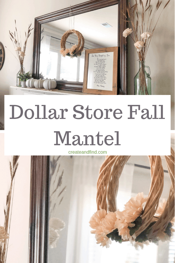 Pinterest graphic with text that reads \"Dollar Store Fall Mantle\" and a collage of fall decor on a fireplace mantel.