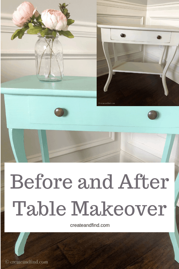 Pinterest graphic with text that reads \"Before and After Table Makeover\" and a collage showing the transformation of a table going from white to teal.