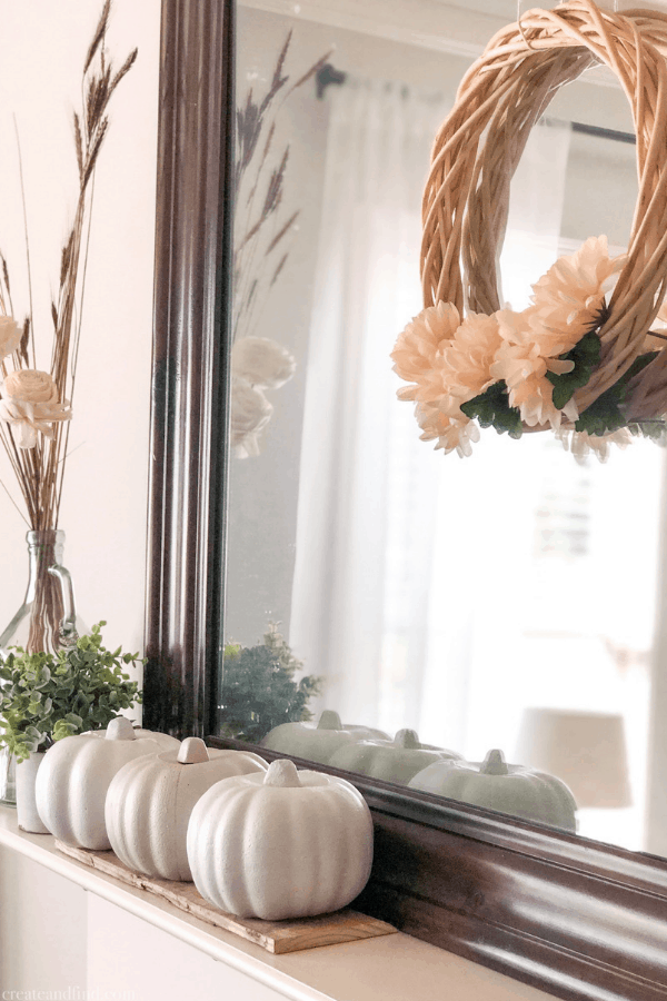 DIY Fall wreath hanging on a mirror