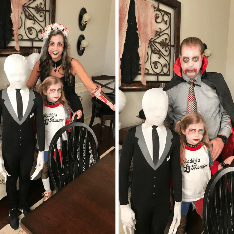 A family dressed in red, black, and white Halloween costumes in their dining room.