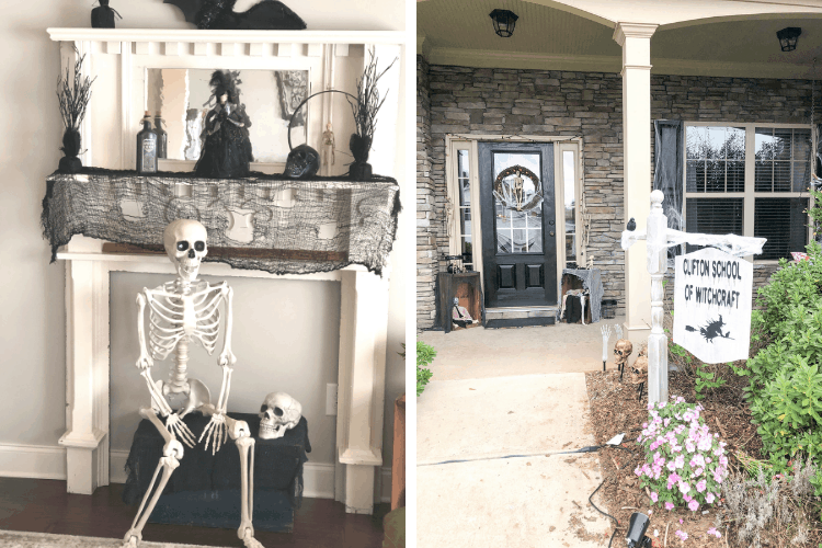 Collage of pictures of house decorated with inexpensive Halloween decorations